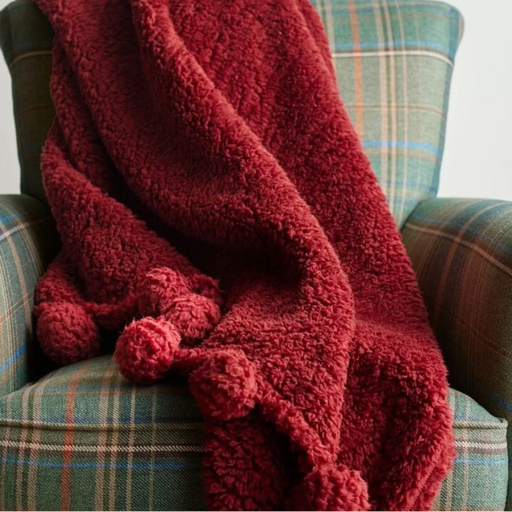 Pottery Barn Cozy Pom Pom Sherpa Throw, NWT Color Cardinal